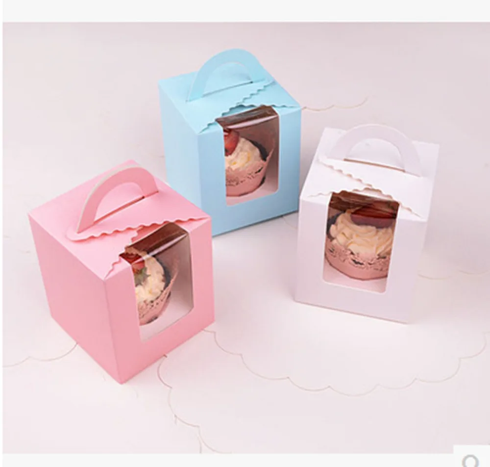 

100pcs/lot Cupcake boxes with window with handle macaroon box/muffin box