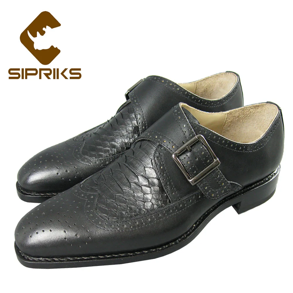 Sipriks Mens Single Monk Strap Shoes Elegant Genuine Snakeskin Shoes Vintage Wingtip Dress Shoes Python Suits Men Shoes Goodyear