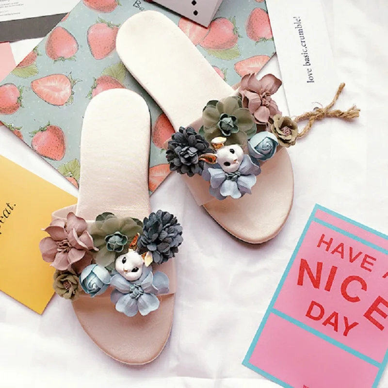 

VANLED Rabbit Flower Decorated Steps-in Sandals Shoes Woman Champagne Color Simple Fashion Style Leisure Beach Cool Shoes 36-40
