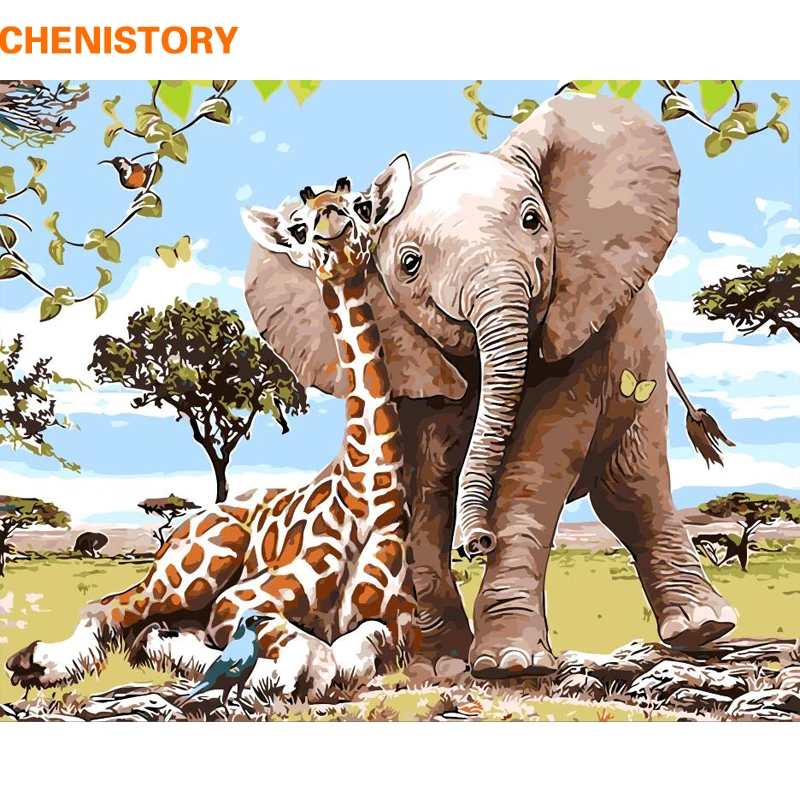 

CHENISTORY Frameless Elephant Giraff DIY Painting By Numbers Modern Wall Art Picture Paint By Numbers Unque Gift For Home Decor