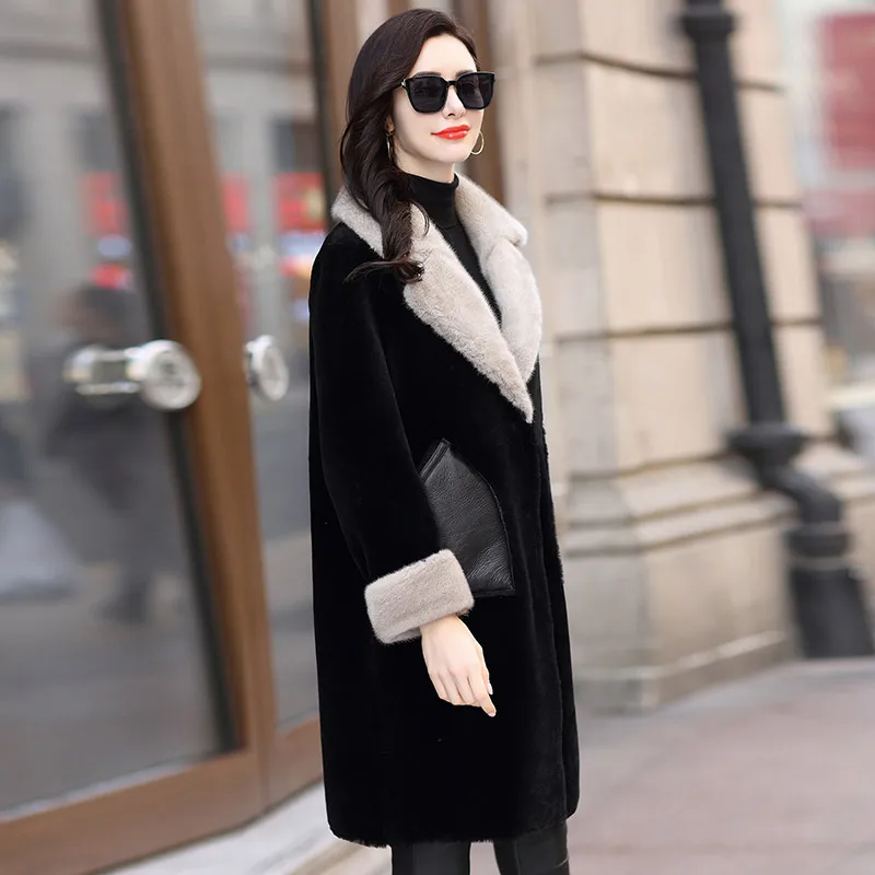 Норковая шуба с воротником из натурального меха, шерстяная куртка, осенне-зимнее пальто, женская одежда,, Корейская Двусторонняя шуба из овчины, BT18YS7-11 - Цвет: black