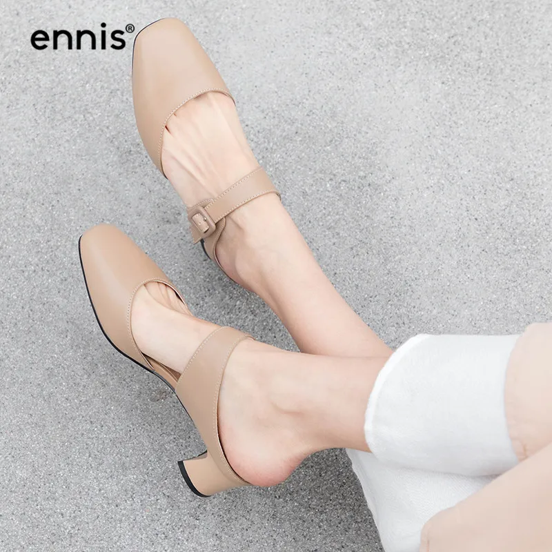 

Genuine Leather Mules Women Mid Heel Pumps Round Toe Summer Casual Shoes Slipper Black Beige Apricot Ladies Shoes Fashion P919