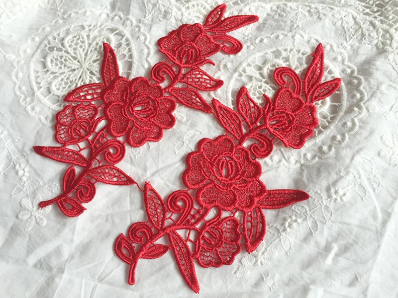 

2Pieces Bridal Lace Fabric Embroidered Water Soluble Cord Red Chantilly French Lace Applique For Garment Accessory