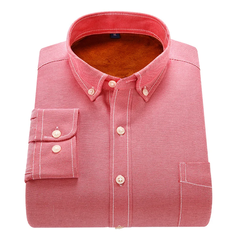 Autumn Winter Men Solid Oxford Warm Shirts Plush Thick Slim Fit Europe Size Business Casual Shirts Easy Care Soft Comfortable
