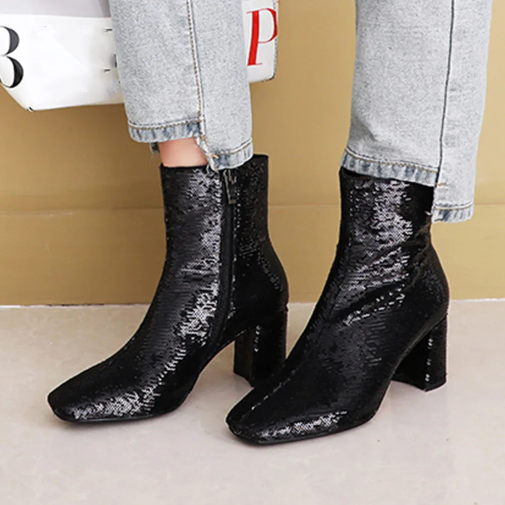 

Dropship Top Quality Plus Size 34-44 Ladies High Heels Bling Zip Up Shoes Woman Elegant Party Sexy Autumn Winter Ankle Boots