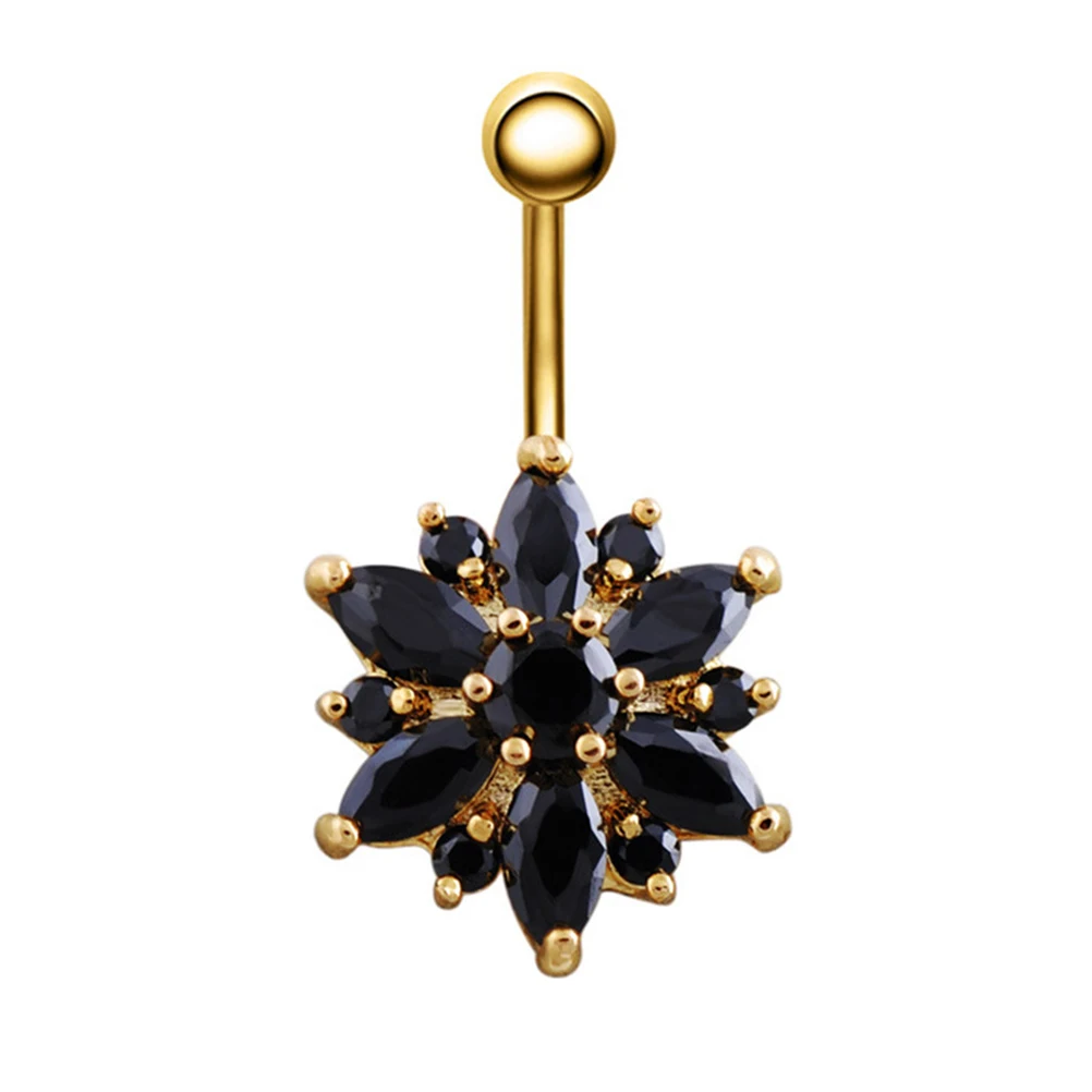 

Belly Button Ring Crystal Flower Navel Piercing Studs Jewelry for Body Decoration (Gold Plating & Black Rhinestone)