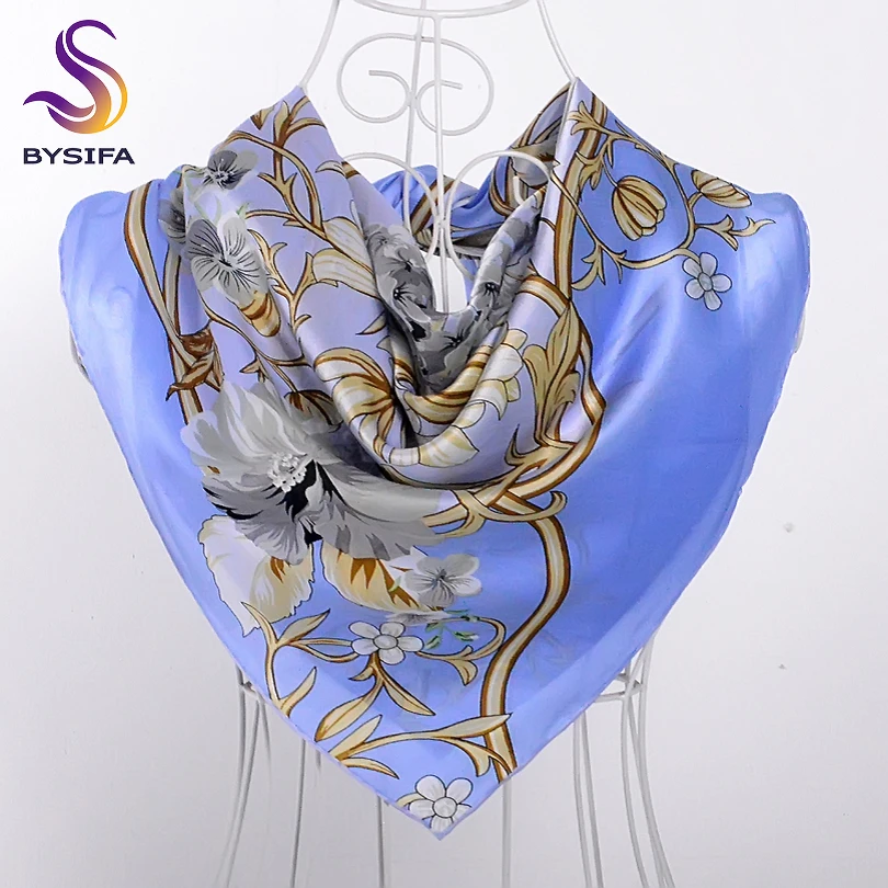 

[BYSIFA] Ladies Light Blue Silk Scarf Shawl New Rattan Floral Pattern Crepe Satin Silk Hand Sewing Edge Square Scarves Headscarf