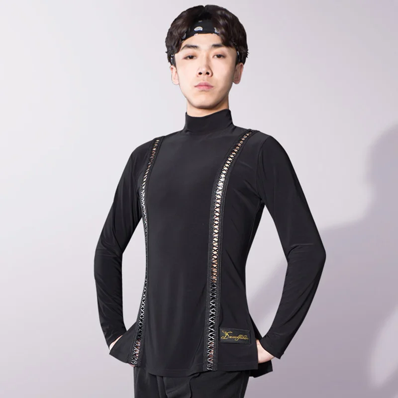 

Latin Dance Shirts Men Black Long Sleeve High Collar Male Cha Cha Rumba Samba Dancing Clothes Ballroom Practice Wear DNV11733