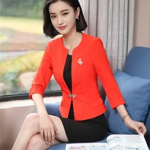Модный Красный блейзер для женщин, деловые костюмы, платье и куртки, комплект с коротким рукавом, Офисная Женская рабочая одежда формы