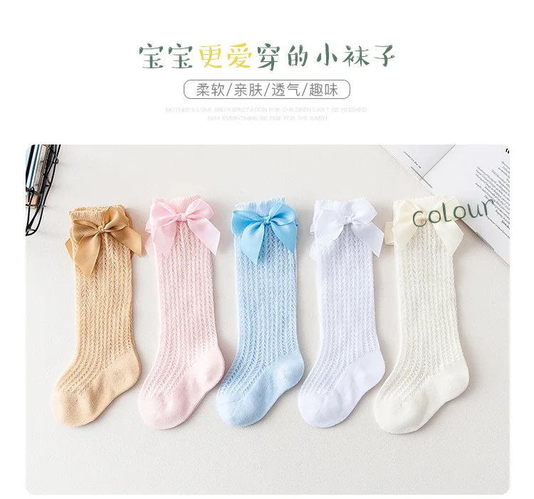 Носки для маленьких девочек, хлопковые дышащие носки в сеточку для 0-3 лет, 1 пара, мягкие носки для новорожденных, тонкие носки с большим бантом