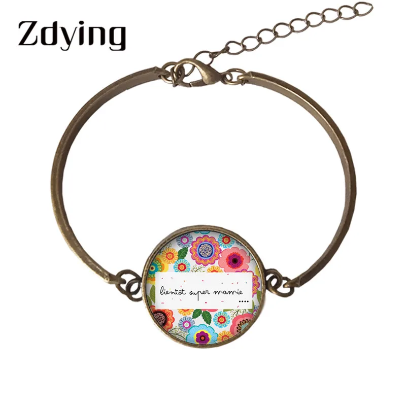 

ZDYING Vintage Super Mamie Chain Bracelet For Grandmother Gift Glass French Letter Picture Cabochon Charm Bangles Mi012