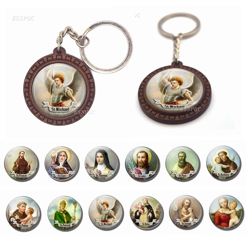 

Virgin Mary Christian St Michael Clare Francis Religion Wooden Keychain Glass Cabochon Jewelry Women Men Pendant Key Chain Gift