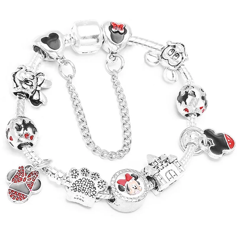 Boosbiy Dropshipping Cute Mickey Minnie Charm Bracelet For Women Kids With Silver Snake Chain Brand Bracelet Christmas Jewelry