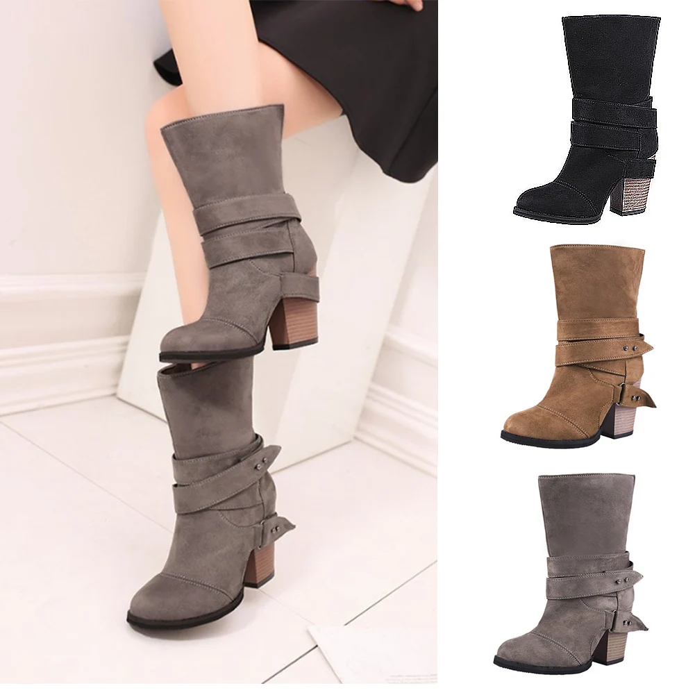 Épais Ceinture Mi Rond Automne noir Mode Boucle Grey En Neige De Daim Moyen Haute Bottes khaki Femmes Talons mollet Chaud 2018 Bout Tube Carré Hiver dCEroWQexB