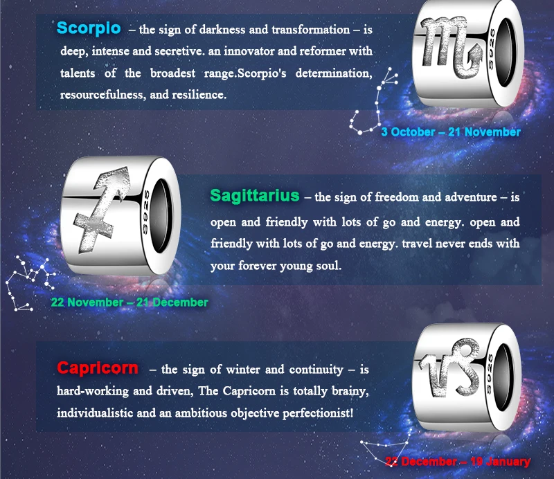 Ювелирные изделия, серебряные бусины 925 пробы зодиака, подвески, серебро 925,, для браслета, серебро 925, оригинальные бусины для изготовления ювелирных изделий