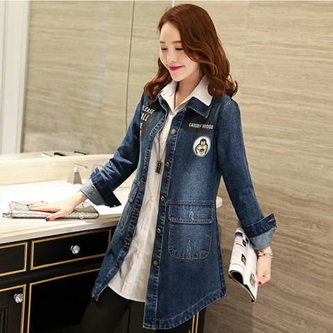 Vangull Women Denim Jackets Autumn New Casual Long Sleeve Female Letter Print Jean Coat Single Breasted Plus Size Loose Tops