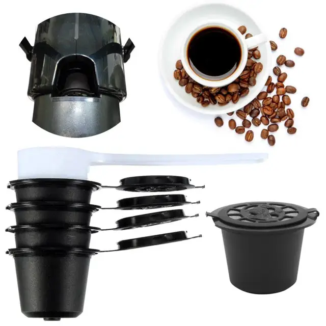 Special Offers 4Pcs Reusable Coffee Capsules Pods Cups And 1 Pcs Spoon For Coffee Machines JUNE7