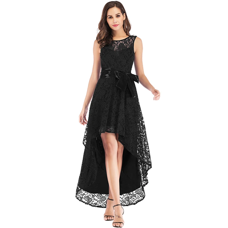 

Elegant Ladies Asymmetric Lace Dress Women Maxi Long Dress Sleeveless High Low Belted Irregular A Line Swing Party Dress female