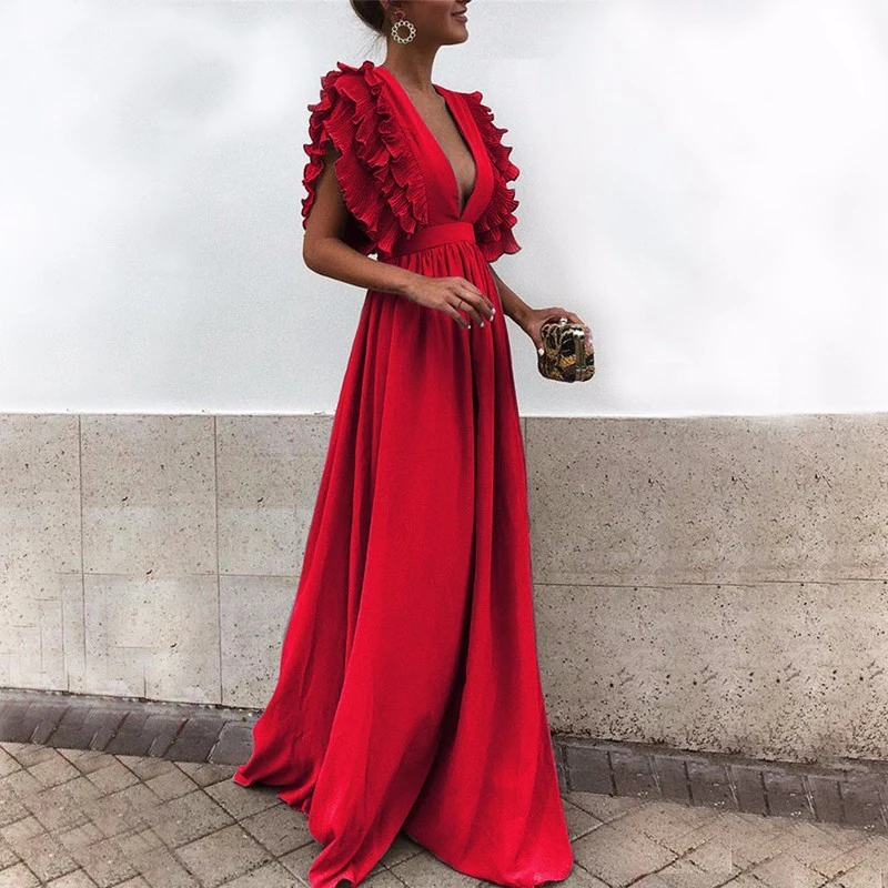 

Red Gray long dress women sleeveless deep v neck maxi dress spring beach summer dress female vestidos celebrity party dress TB15