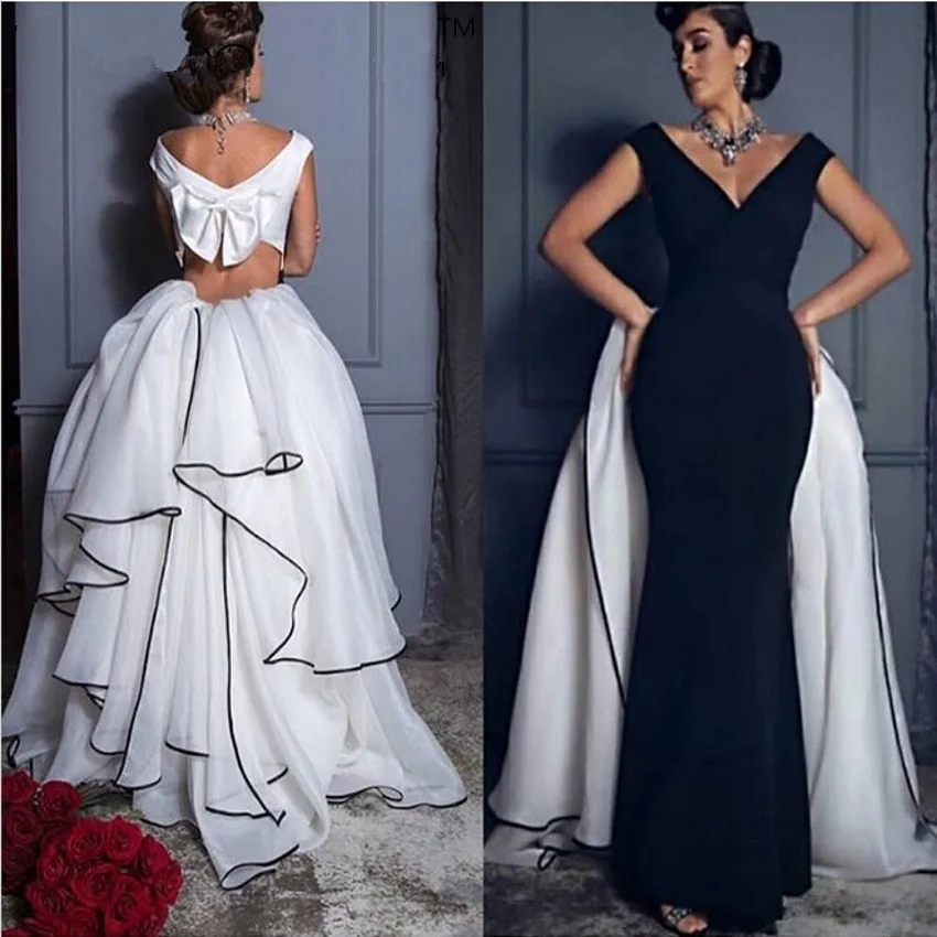 

New Black and White Evening Dresses with Long Train Backless Prom Dress For Dubai Arabic Prom Party Dresses Robe Sirene Longue