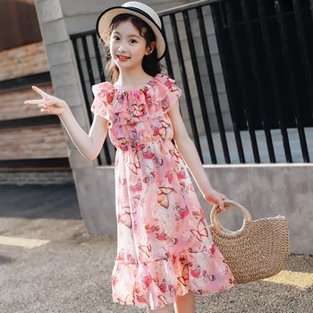 

Children's Girls Summer Bohemian Dresses Floral Chiffon Boho Style Thai Resort Dress Waisted baby girls beach dress Sleeveless