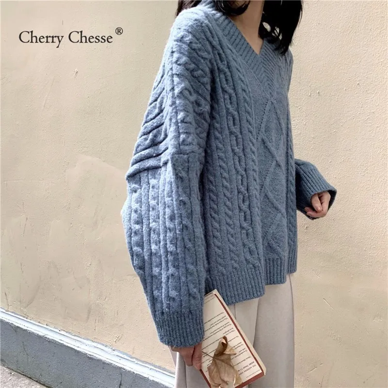 Cherry Chesse Women Autumn Twist Sweater Long Sleeve Solid V Neck Tops Female Casual Pullovers | Женская одежда