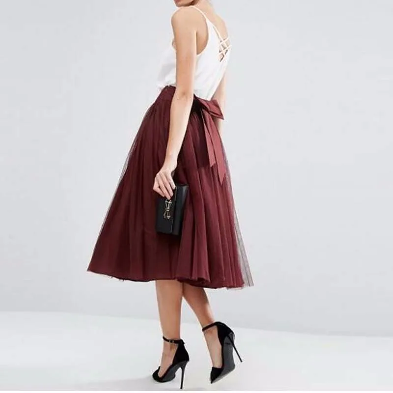 

Burgundy Wine Red Tulle Pleated Women Skirt Saia Faldas Summer Street Bow Sashes for Beauty Lady Wear Prom Party Vintage Modest