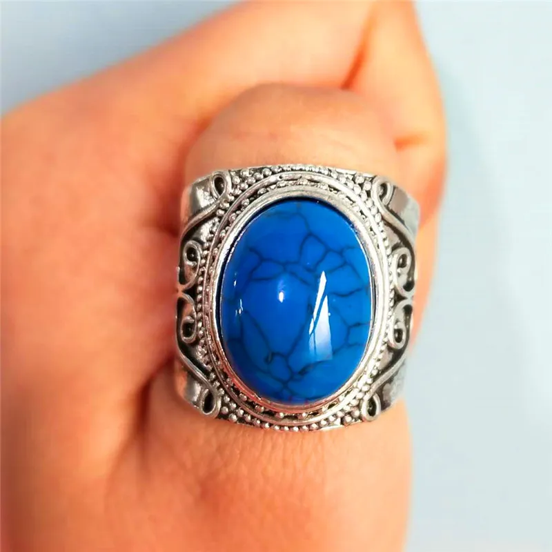 JUNXIN Blue Moonstone Oval Big Rings For Mens Antique 925 Silver Filled Christmas Fashion Jewelry Boho Wide Wedding Ring Male