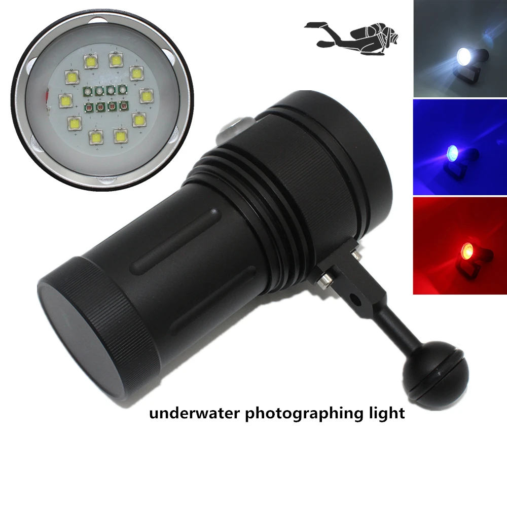

Powerful diving flashlight 8000LM 10* XM-L2 white + 4* XPE red + 4* blue light LED torch underwater photography video dive lamp