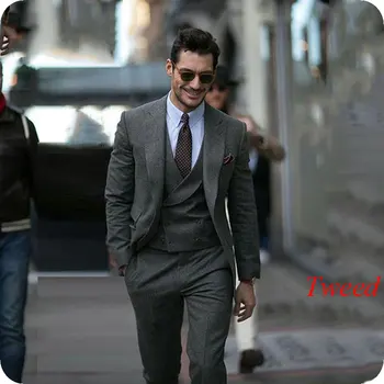 Skup Dostosowane Wykonane Ciemny Szary Tweed Men Garnitur Szczyt Lapel Pokój łuszcz Slim Fit 3 Sztuka Tuxedo Niestandardowy Pan Młody Mężczyzna Blazer Kostium Homme
