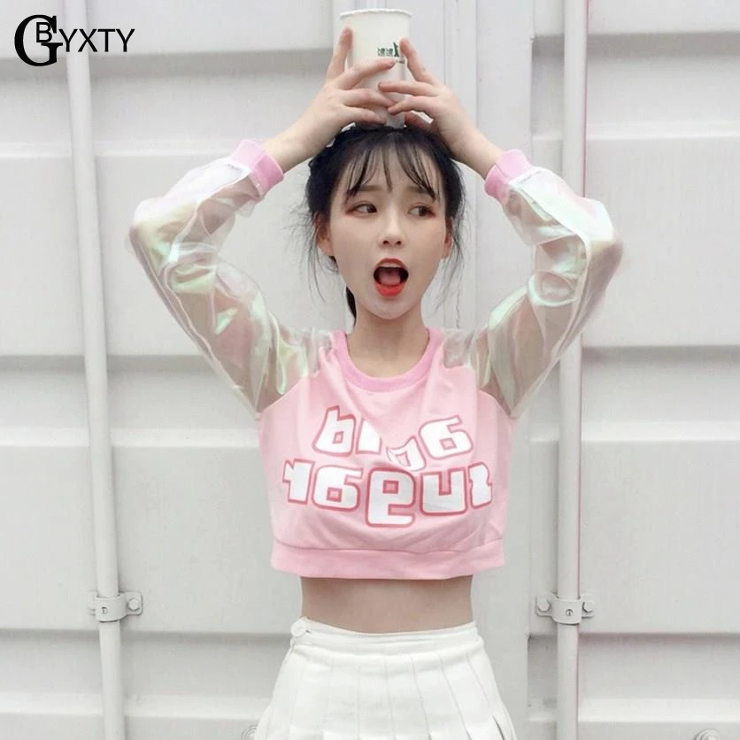 Gbyxty Holographic Tops Womens Harajuku Mesh Patchwork Transparent Shirt  Long Sleeve Crop T Shirt Pink Tee Shirt Femme Za1606 - T-shirts - AliExpress