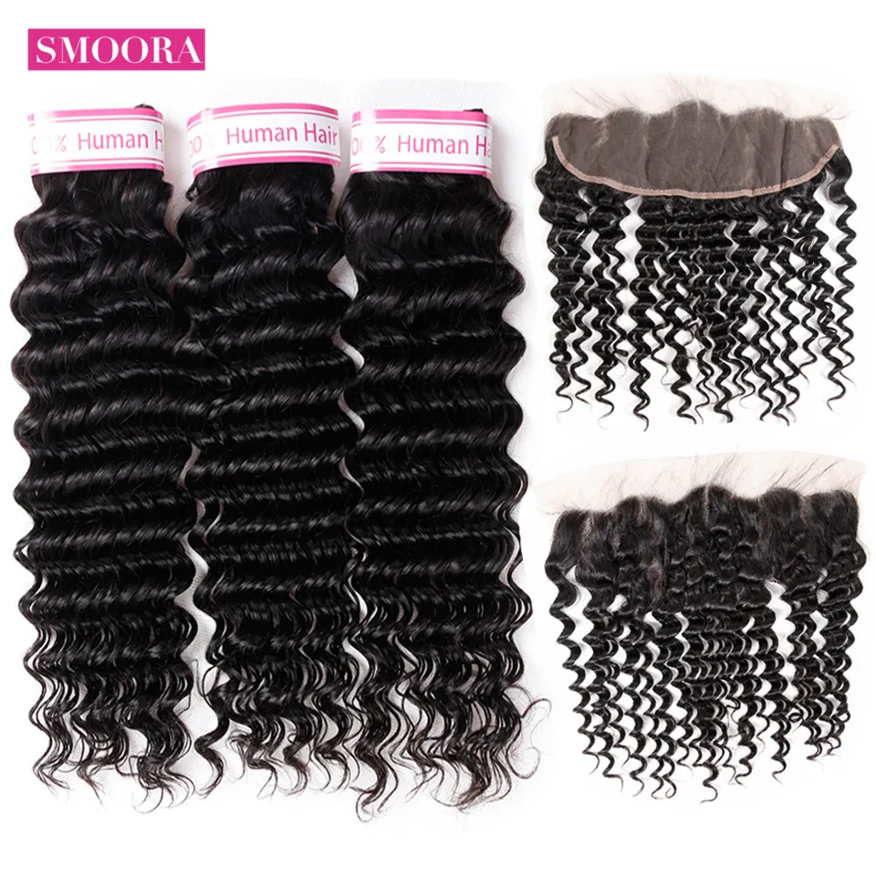 Smoora Brazilian Deep Wave Bundles with Frontal Human Hair Extensions Non Remy 3 Bundle Hair with Frontal Closure 13*4 Free Part Smoora Brazilian Deep Wave Bundles with Frontal Human Hair Extensions Non Remy 3 Bundle Hair with Frontal Closure 13*4 Free Part