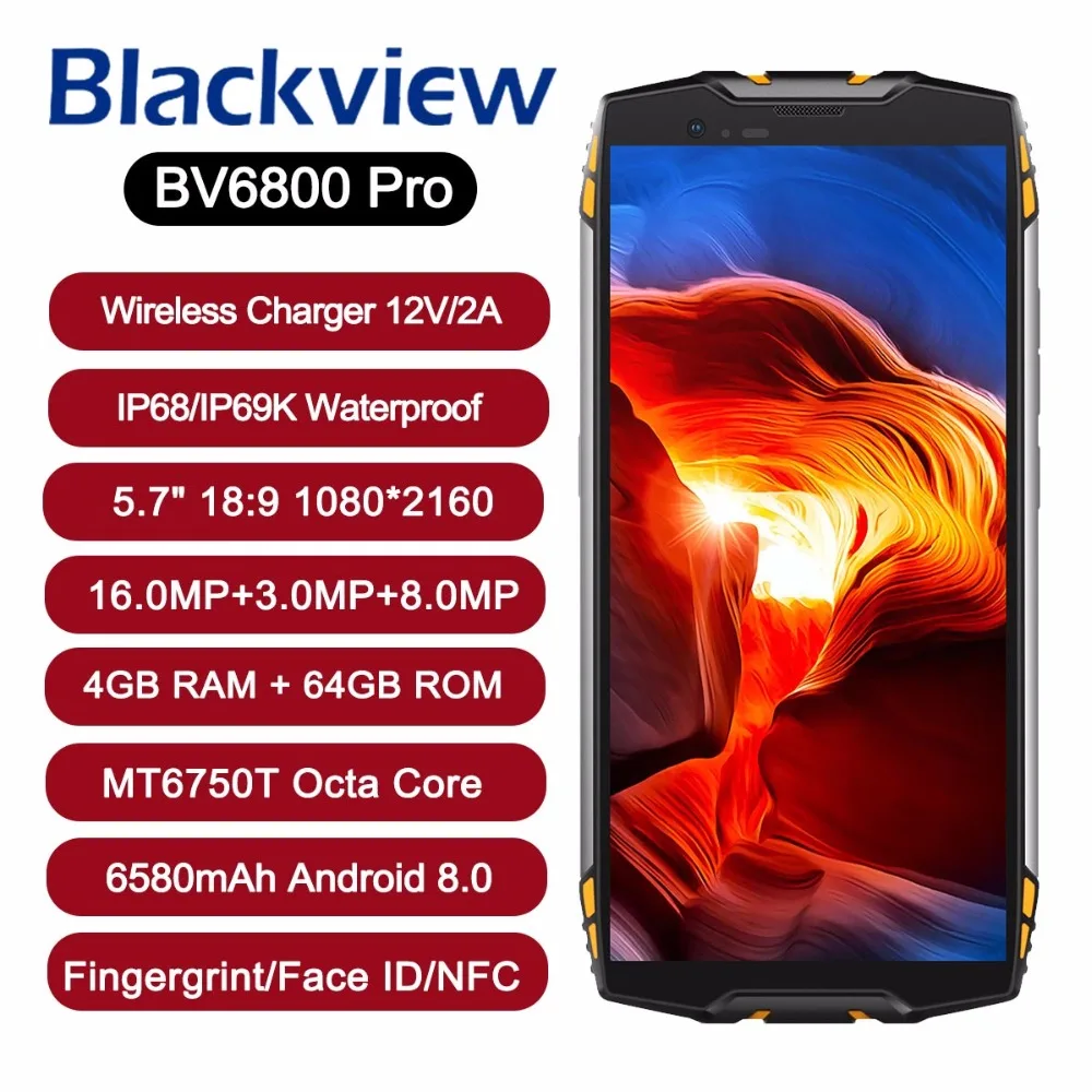 Blackview BV6800 Pro IP68 водонепроницаемый смартфон 4 Гб+ 64 Гб 5," 18:9 MT6750T Восьмиядерный 16,0 Мп Android 8,0 6580 мАч Беспроводное зарядное устройство