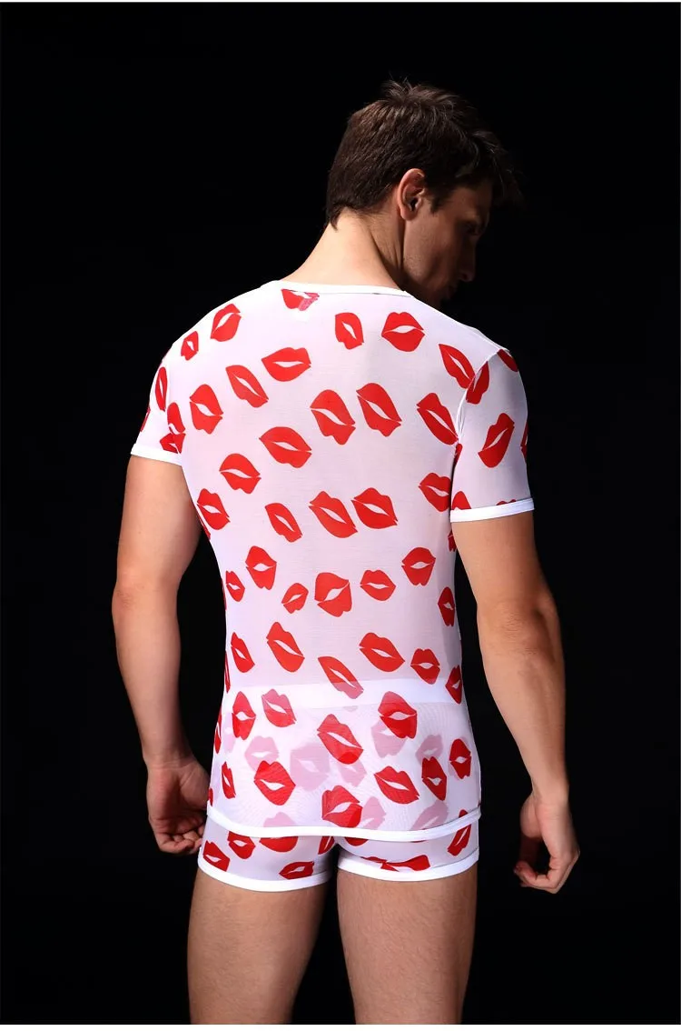 2 шт., Мужская футболка с принтом губ+ нижнее белье, сексуальный мужской Комплект маек, дышащее Нижнее Белье для сна