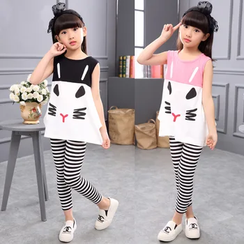 

Girls Kids Clothes Cartoon Cat Vest Striped Leggings 2pcs Child Suits Summer Casual Cotton Toddler Teens Children Clothing Set