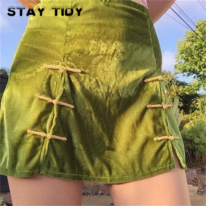 

STAY TIDY Green Velvet High Waist Cheongsam Skirts Summer Women Side Split Button Elastic A line Skirts Female Casual Streetwear