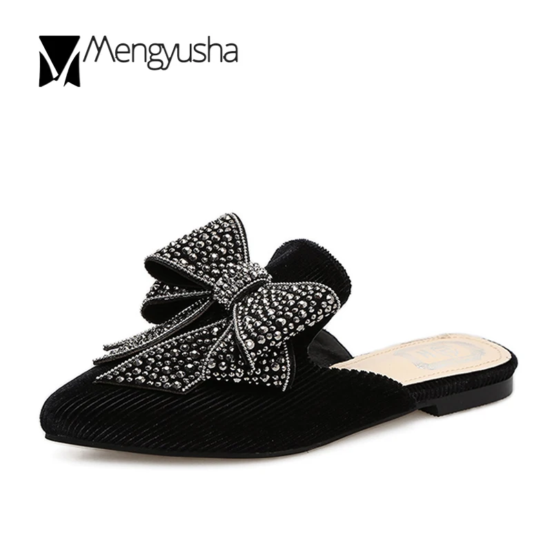 

Women Shoes 2018 Spring Striped Velvet Babouche Mujer Crystal Big Bow-knot Slides ladies Pointed Toe Mules Women sapato feminino