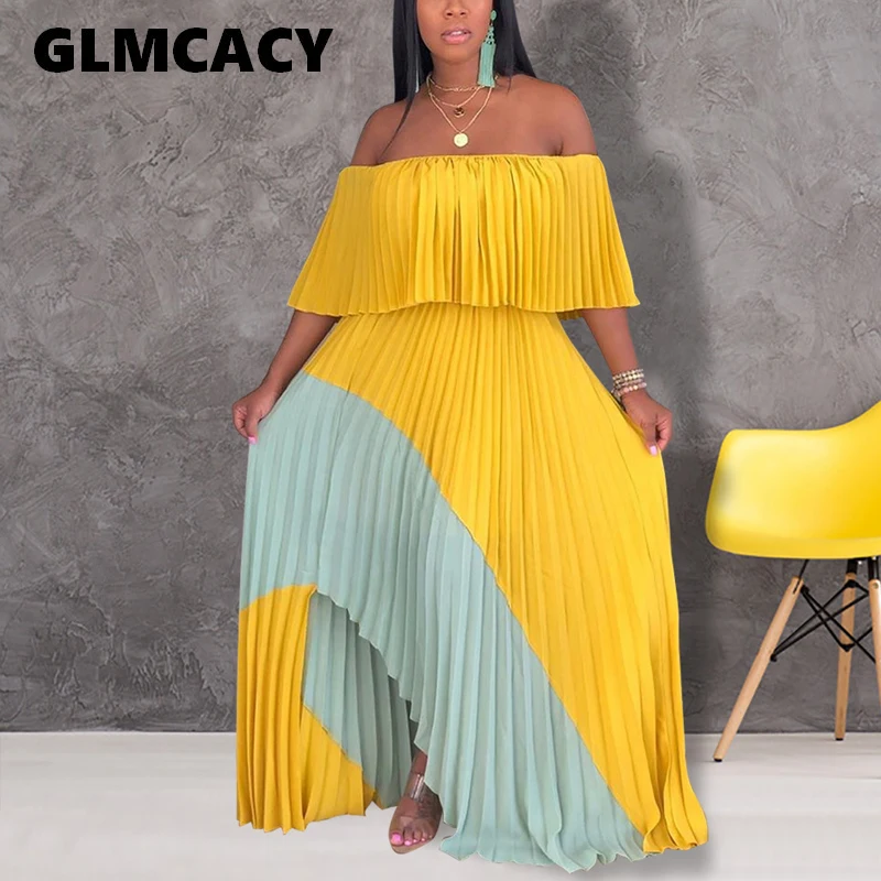 

Women Slash Neck Pleated Maxi Dress Summer Off Shoulder Sexy Party Dress Elegant Formal Evening Gown Dresses Vestidos