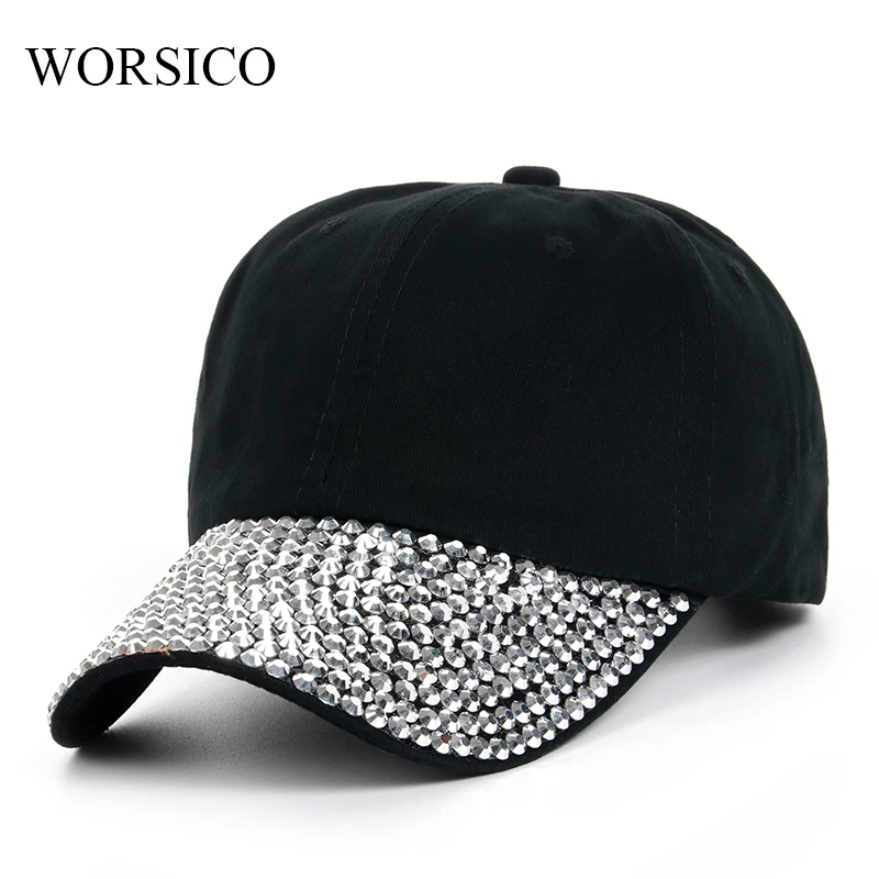 WORSICO New Black Rhinestone Baseball Cap Fashion Hip hop Cap Women's