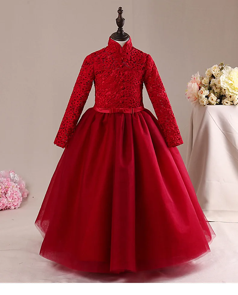 Высококачественное Красное длинное платье с цветочным узором для девочек, простое платье для девочек 3, 4, 6, 8, 10, 12, 14 лет, Рождественская Детская одежда, RKF185001