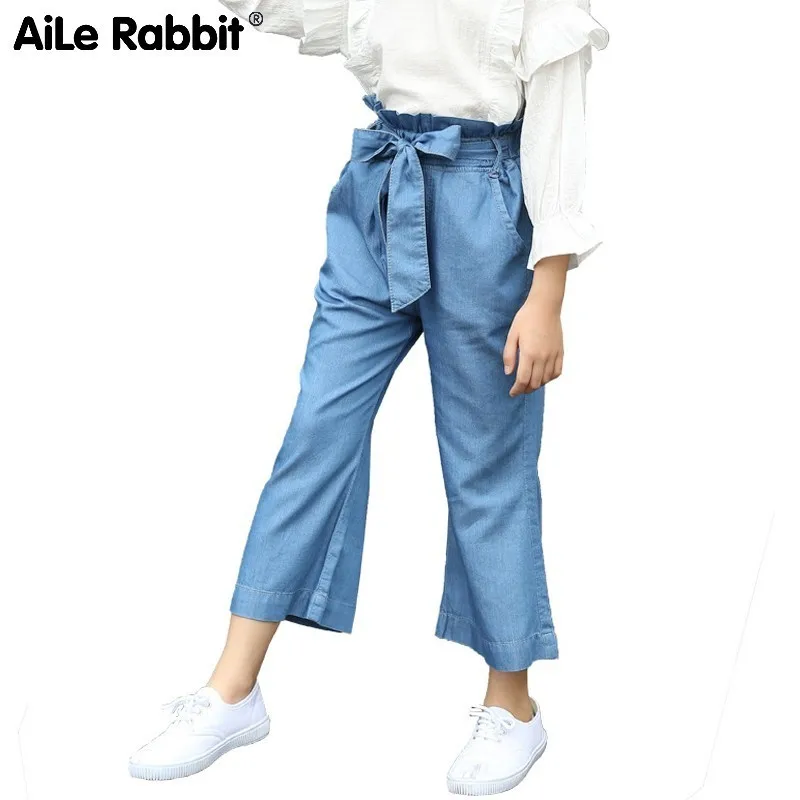 

Almon Special 2019 Spring Girl Nine Part Pants In Will Tong Ice Silk Jeans Children Broad-legged Pants In Korean Edition