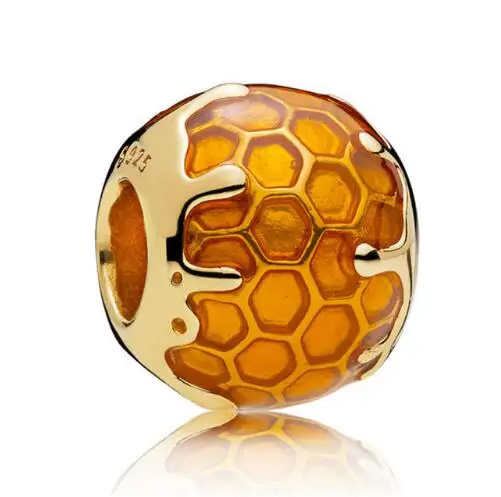 

925 Sterling Silver Bead Charm Gold Color Yellow Enamel Shine Golden Honey Beads Fit Pandora Bracelet & Necklace Diy Jewelry