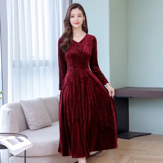 Red wine velvet dress women plus size long sleeve midi party dresses