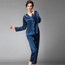 Женский Шелковый Атласный пижамный комплект, комплект в виде кружевной пижамы, пижама с длинным рукавом, v-образная Пижама, однотонный пижамный комплект, домашняя одежда для женщин