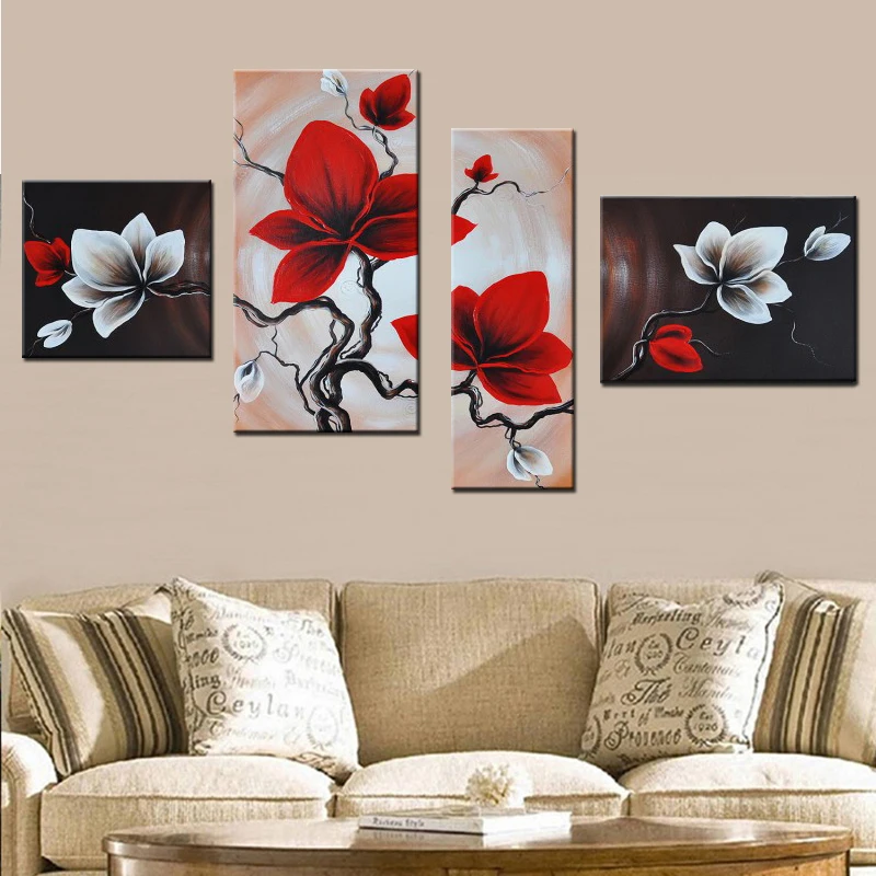 

Modern Wall Art Modular Pictures Hand Painted Abstract Oil Paintings on Canvas 4 Panel Red Orchids Flowers for Living Room Decor