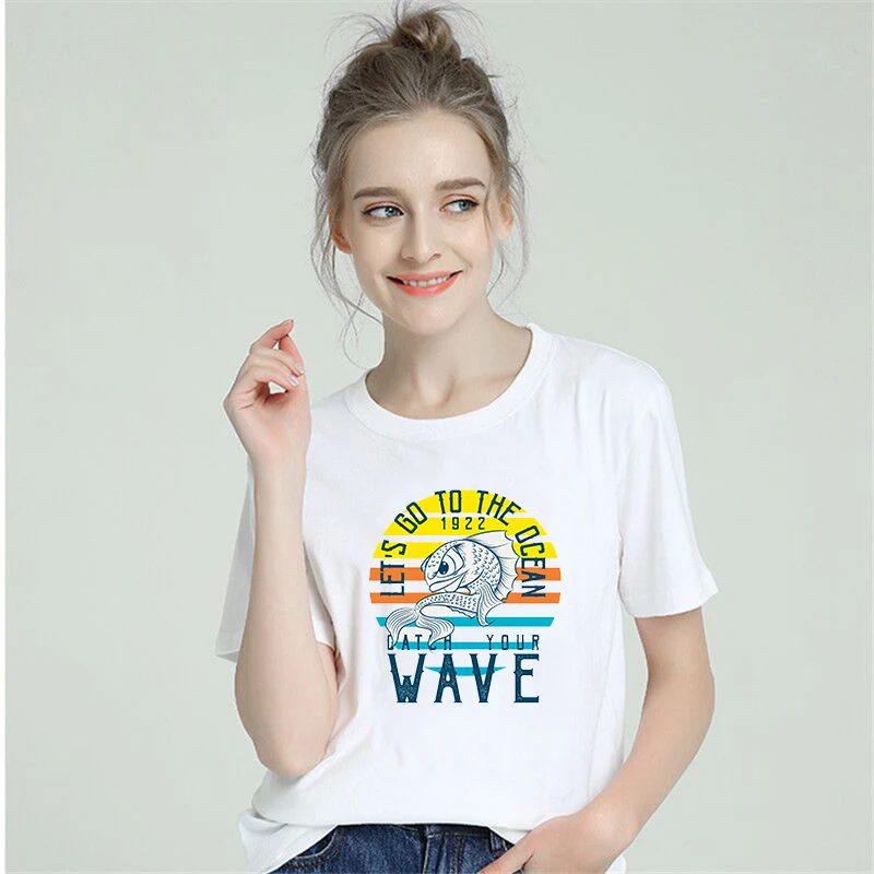 

BTFCL Fun Women Shirts Cartoon Shark Fish Print Summer New Letters Harajuku Ins 90s Short Sleeve Femme Korean T Shirt Tops