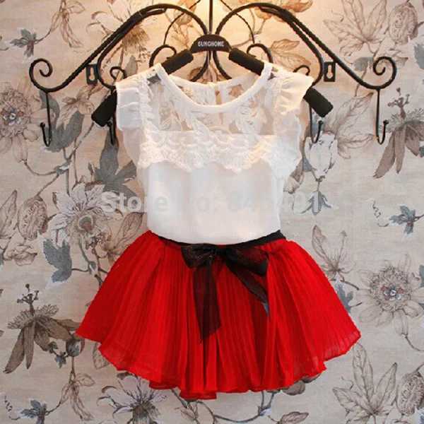 

Child Girls Kids Chiffon Lace Floral T-shirt+ Bow Skirts Outfits Party Tutu Dress