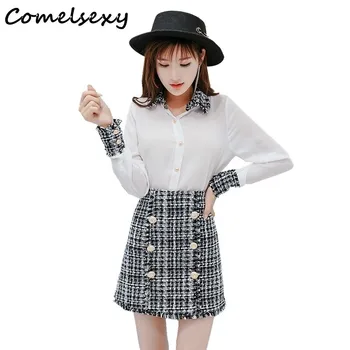 

2020 Winter Elegant Women 2 Piece Set Women Tweed Tassels Chiffon Shirt Top + Gold Double-Breasted Woolen Pencil Mini Skirt Suit