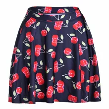 С принтом клубники; принт женские с коротким и широким подолом юбки, большой размер в стиле панк черный, розовый с принтом в виде вишен с коротким и широким подолом Мини-юбки