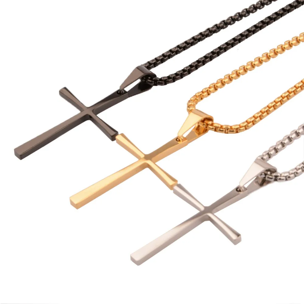 

Fashion Simple Stainless Steel Black Gold Silver Cross Necklace For Womens Mens Pendant Box Chain Necklaces 24inch Jewelry Gift